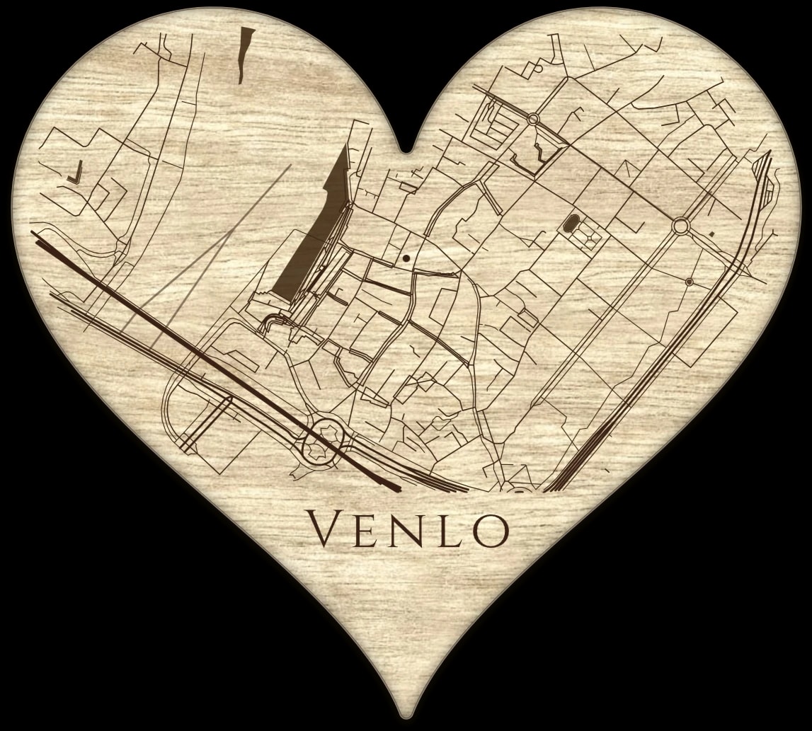Voorbeeld uit de ontwerptool: de kaart van Venlo in een houten hart